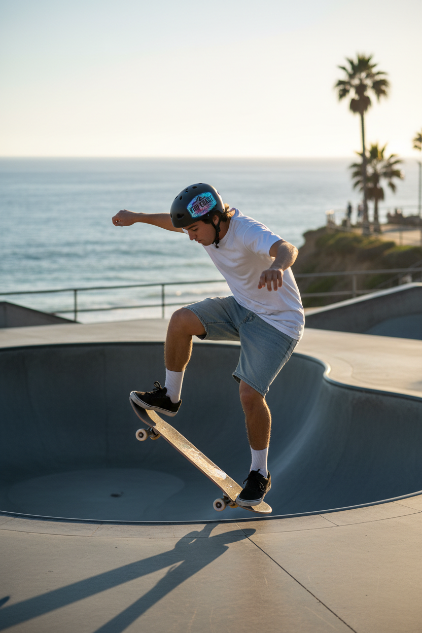 Tie-dye blue purple — skate helmet at coastal skate park