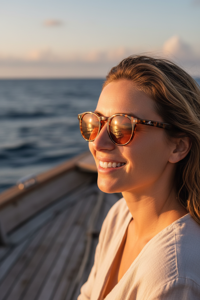 Tortoiseshell round — amber non-polarized — woman on boat