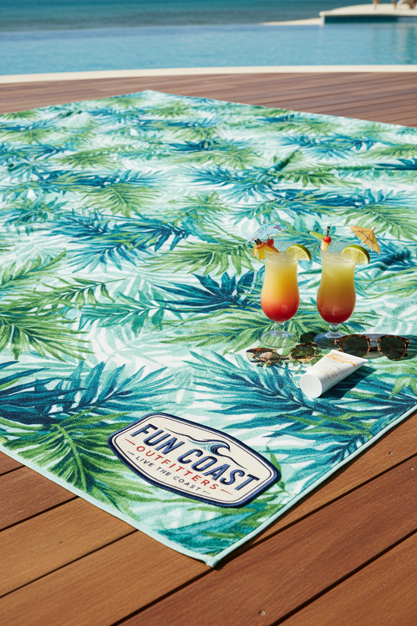 Tropical print blanket at resort pool