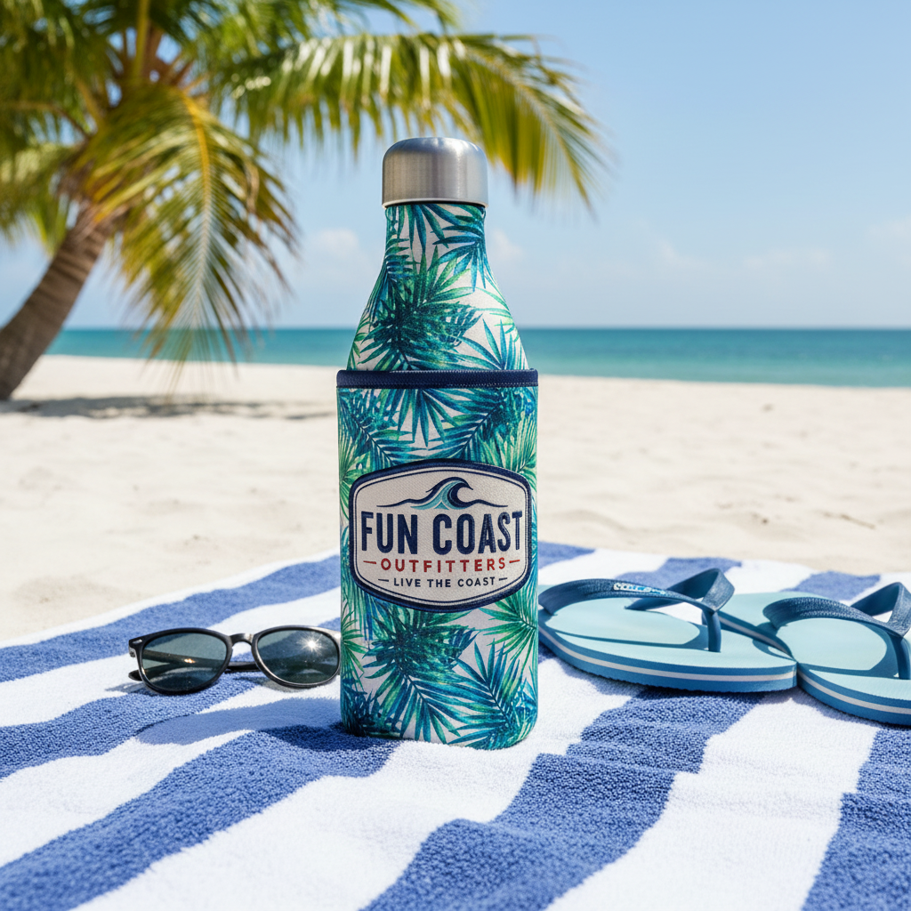 Tropical print flat lay on sand