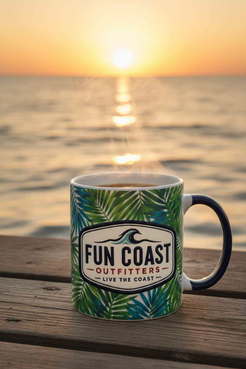Tropical print mug on boat at sunrise