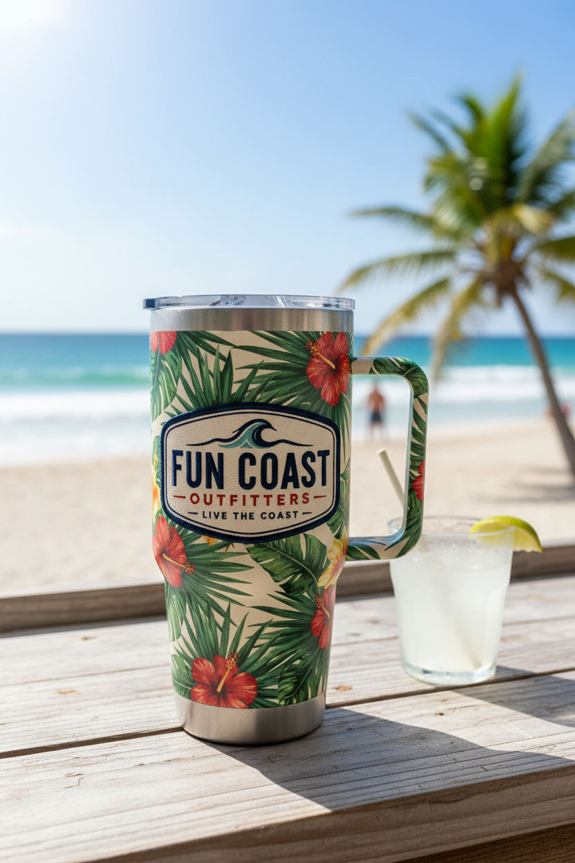 Tropical print tumbler at beach bar