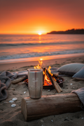 Tumbler at beach bonfire at sunset