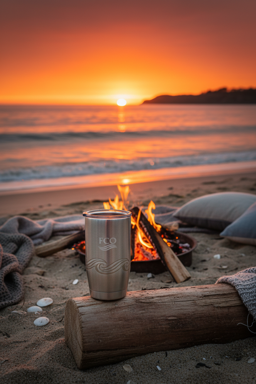 Tumbler at beach bonfire at sunset