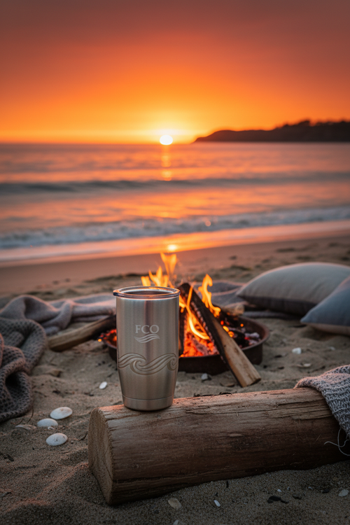 Tumbler at beach bonfire at sunset
