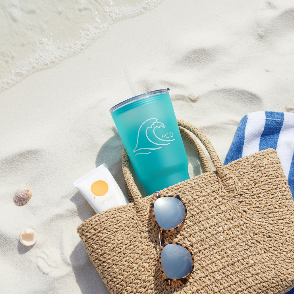 Tumbler flat lay in beach bag