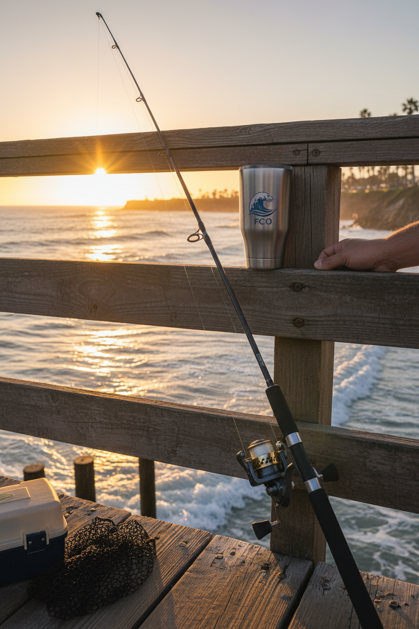 Tumbler next to fishing rod on pier