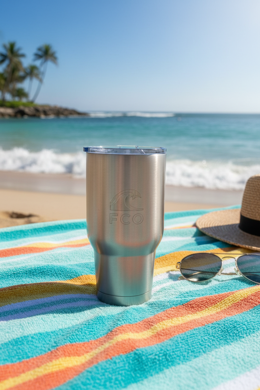 Tumbler on beach towel with waves