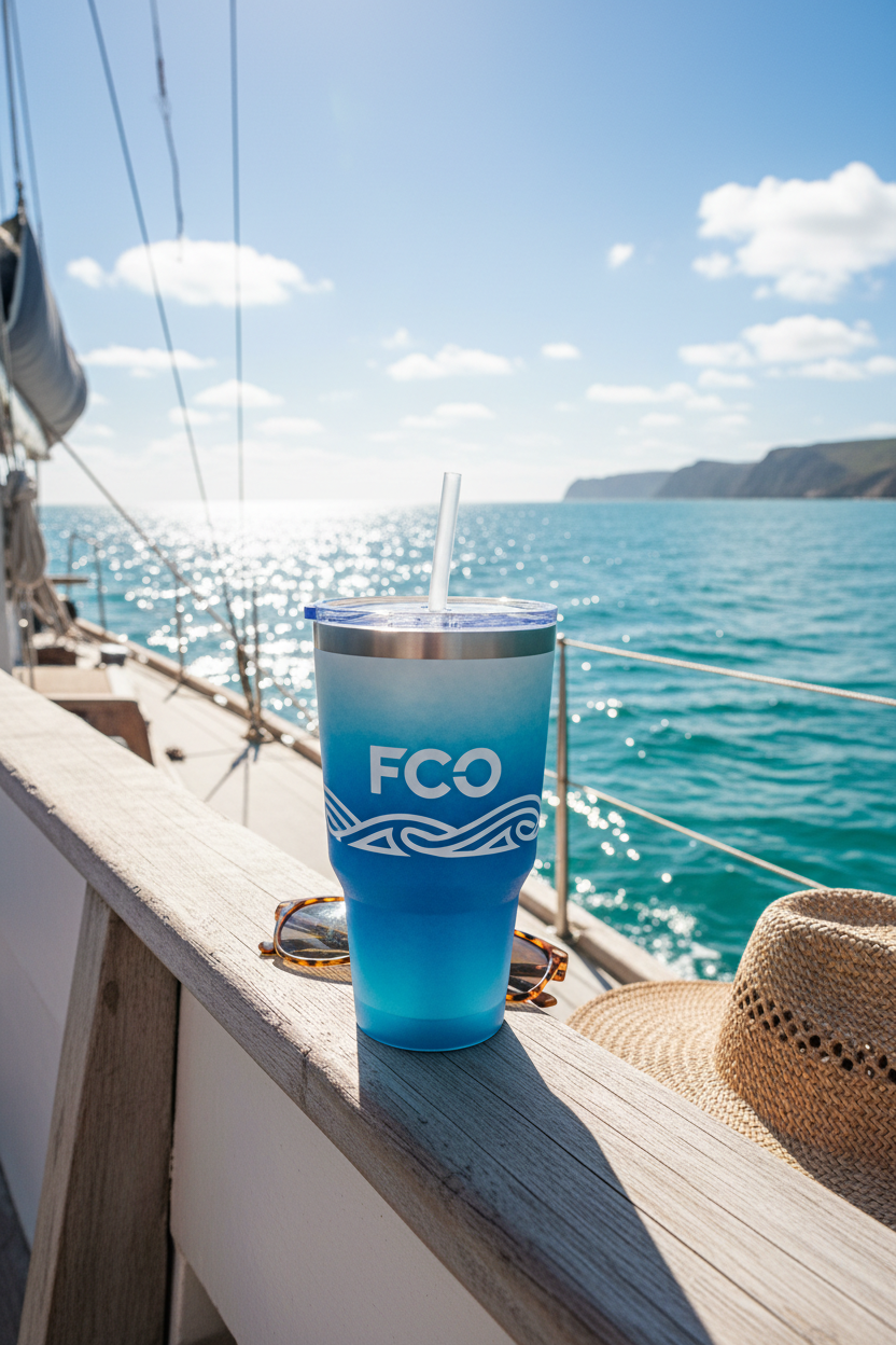 Tumbler on boat railing with ocean view