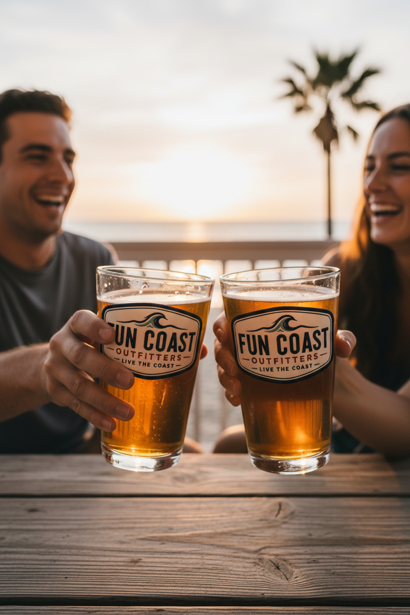 Two glasses clinking at beach house