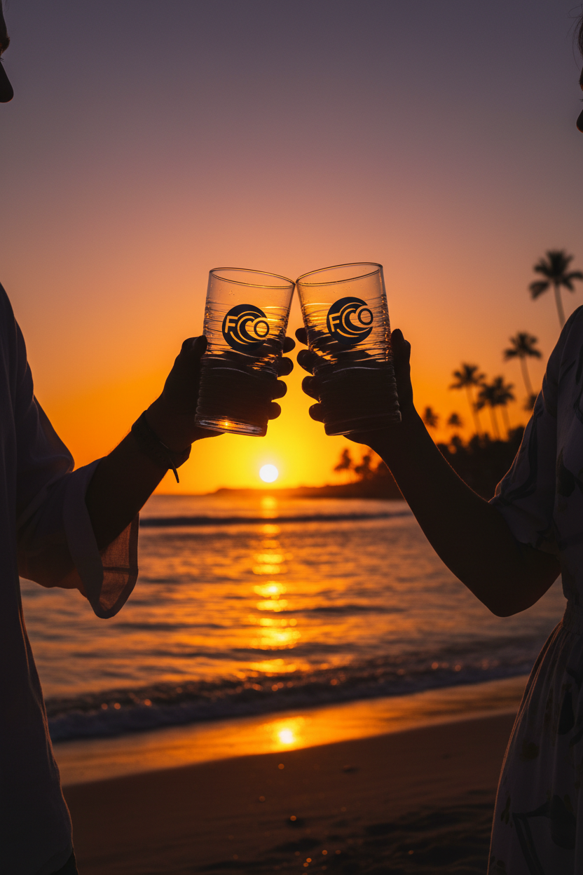 Two people clinking FCO tumblers at sunset