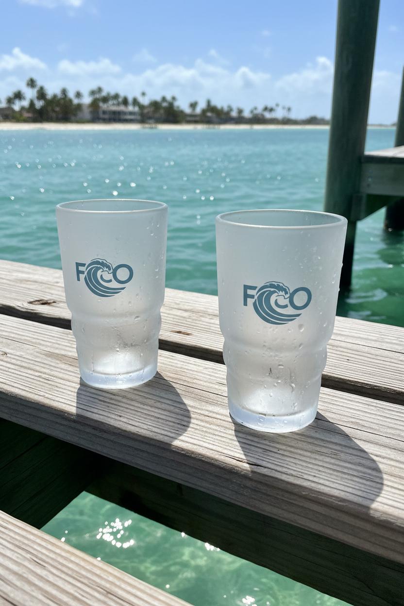 Two tumblers on dock over ocean