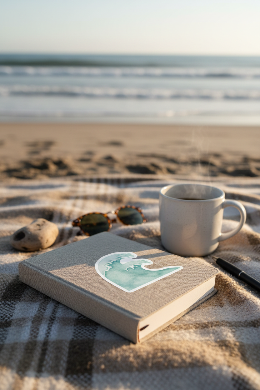 Watercolor style — journal on beach blanket
