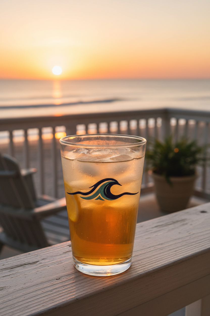 Wave icon glass on porch at sunset