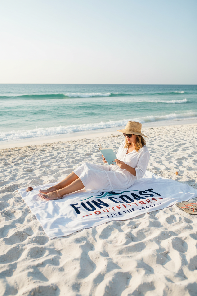 White blanket woman reading on beach