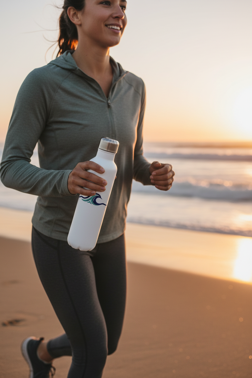 White bottle — woman running on beach