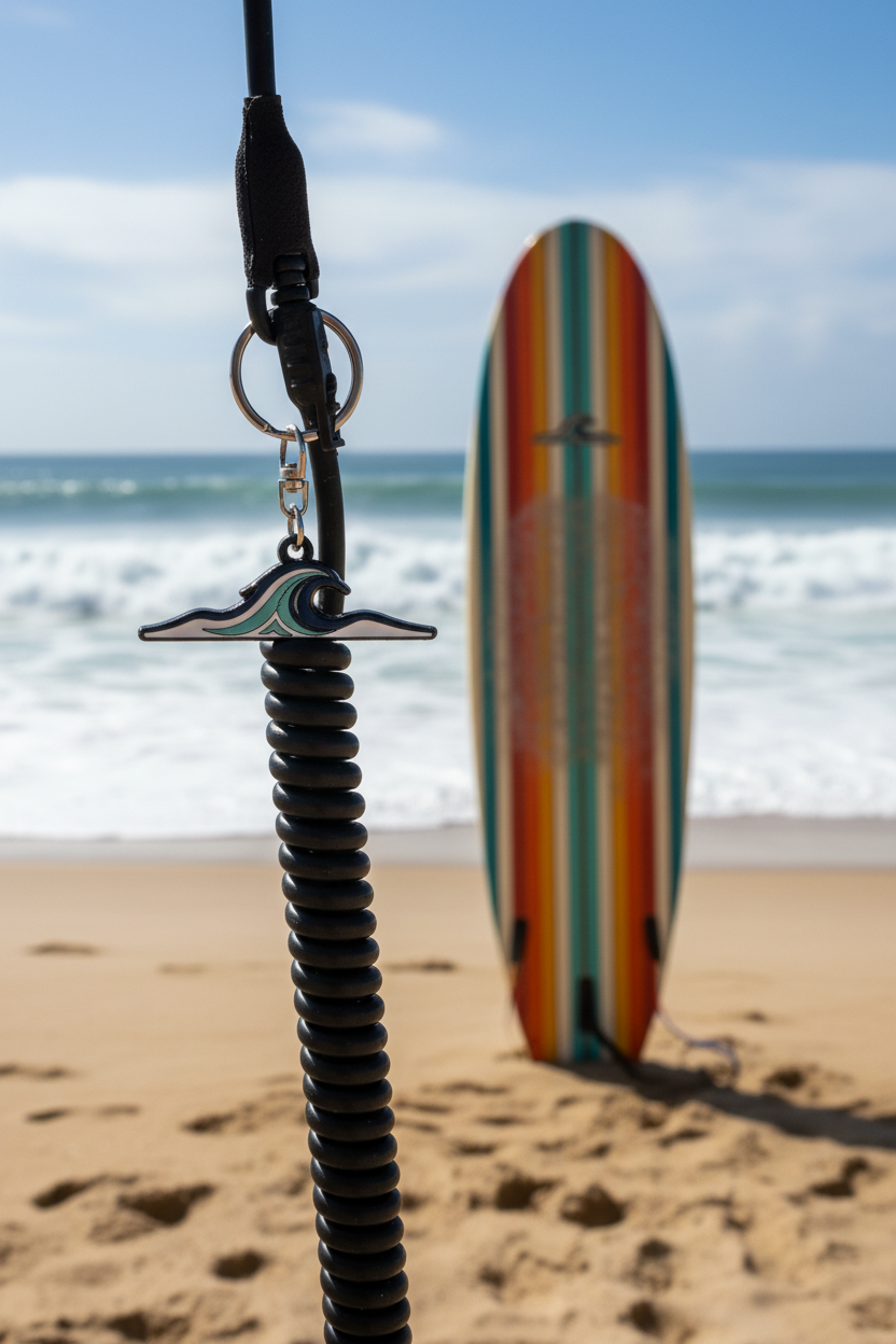 White enamel — clipped to surfboard leash