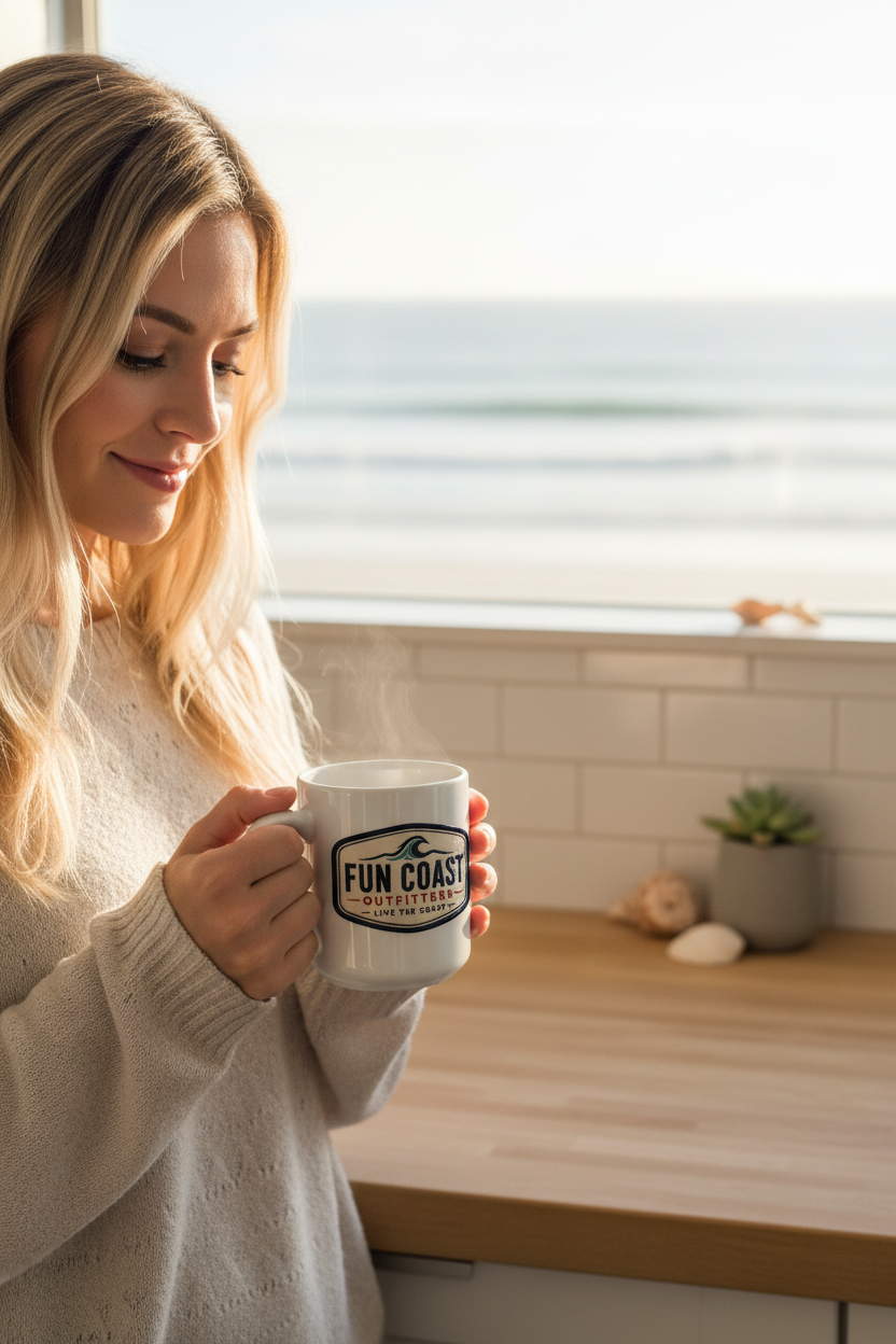 White mug in beach house kitchen