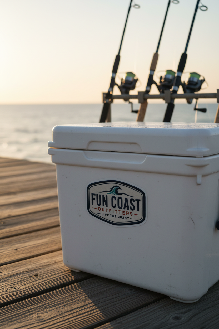 White navy shield — fishing cooler on pier
