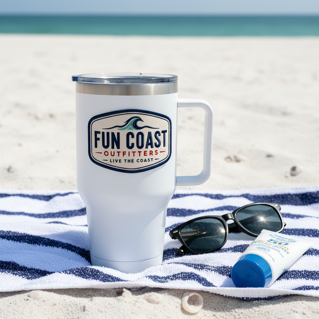White tumbler beach flat lay